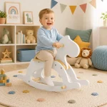 Dečiji drveni konj za ljuljanje KINDER HOME, beli, puno drvo, Montesori igračka - Слика 4