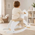 Dečiji drveni konj za ljuljanje KINDER HOME, beli, puno drvo, Montesori igračka - Слика 3