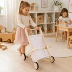 Dečija drvena kolica za lutke KINDER HOME sa mekom tekstilnom korpom - Слика 2